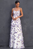 Floral Purple Sheath Appliqued Spaghetti Straps Long Wedding Guest Dress