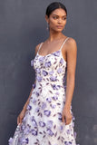 Floral Purple Sheath Appliqued Spaghetti Straps Long Wedding Guest Dress