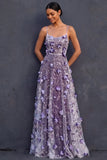 Purple A Line Spaghetti Straps Appliqued Floral Long Wedding Guest Dress