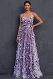Purple A Line Spaghetti Straps Appliqued Floral Long Wedding Guest Dress