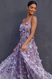 Purple A Line Spaghetti Straps Appliqued Floral Long Wedding Guest Dress