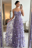 Purple A Line Spaghetti Straps Appliqued Floral Long Wedding Guest Dress