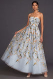 Floral Strapless Yellow A Line Appliqued Midi Wedding Guest Dress