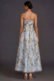 Floral Strapless Yellow A Line Appliqued Midi Wedding Guest Dress