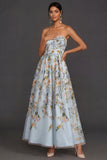 Floral Strapless Yellow A Line Appliqued Midi Wedding Guest Dress