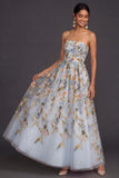 Floral Strapless Yellow A Line Appliqued Midi Wedding Guest Dress