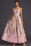 Floral Strapless Yellow A Line Appliqued Midi Wedding Guest Dress