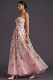 Floral Strapless Yellow A Line Appliqued Midi Wedding Guest Dress