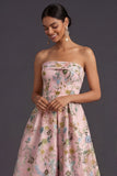 Floral Strapless Yellow A Line Appliqued Midi Wedding Guest Dress