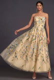 Floral Strapless Yellow A Line Appliqued Midi Wedding Guest Dress
