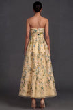 Floral Strapless Yellow A Line Appliqued Midi Wedding Guest Dress
