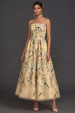 Floral Strapless Yellow A Line Appliqued Midi Wedding Guest Dress