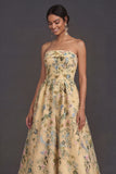 Floral Strapless Yellow A Line Appliqued Midi Wedding Guest Dress