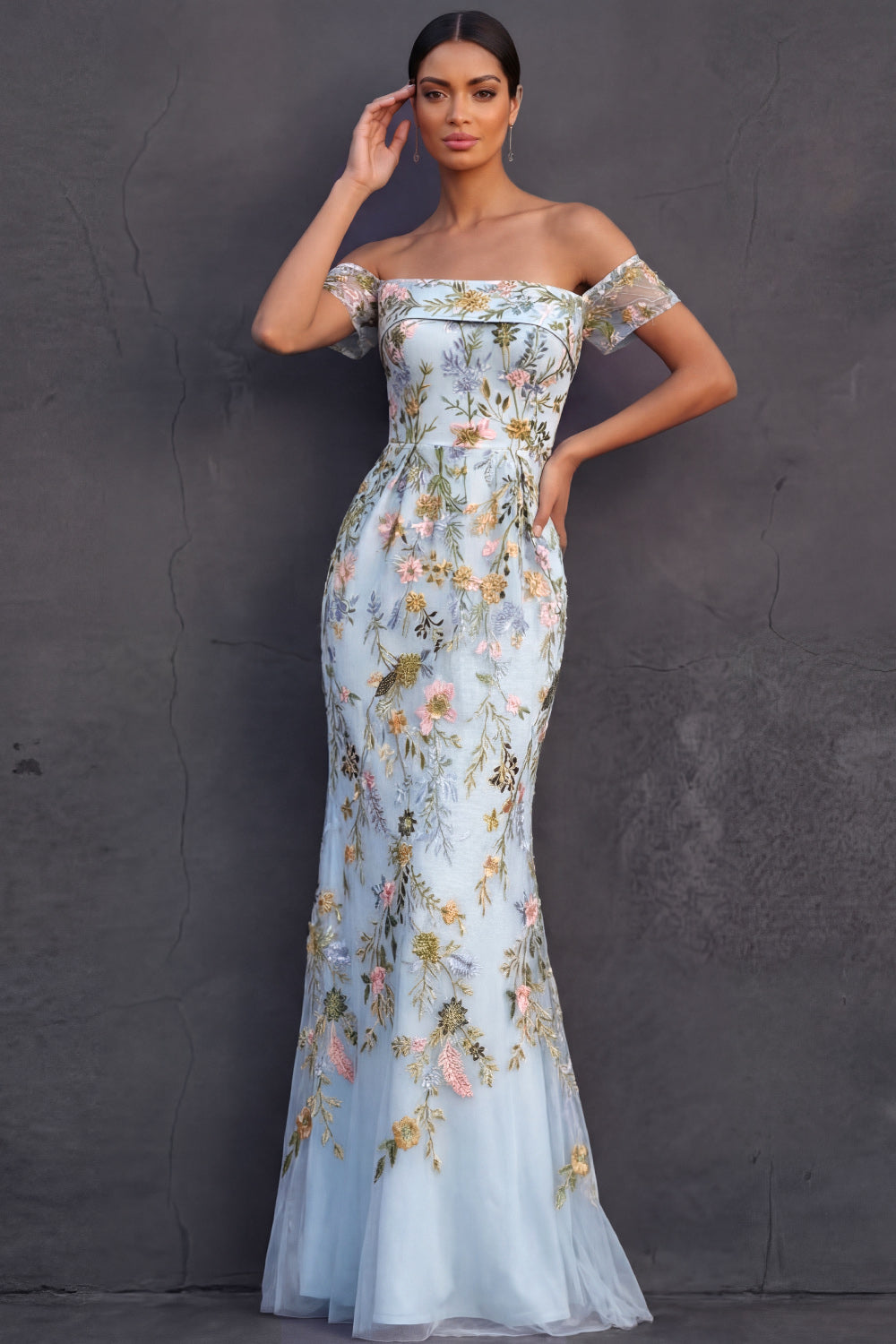 Leely Women Light Blue Floral Long Wedding Guest Dress Embroidered Off