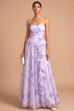 Lilac A Line Strapless Floral Ruffled Long Wedding Guest Dress
