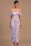 Lilac Floral Sheath Long Wedding Guest Dress with 3D Flower
