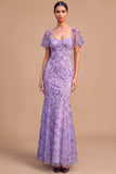 Floral Wisteria Sheath Sweetheart Flutter Sleeves Long Formal Dress