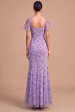 Floral Wisteria Sheath Sweetheart Flutter Sleeves Long Formal Dress
