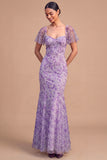 Floral Wisteria Sheath Sweetheart Flutter Sleeves Long Formal Dress
