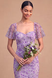 Floral Wisteria Sheath Sweetheart Flutter Sleeves Long Formal Dress