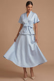 Light Blue A Line V Neck Short Sleeves Midi Formal Dress