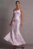 Floral Lilac Jacquard Thick Straps Long Wedding Guest Dress