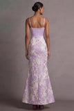 Floral Lilac Jacquard Thick Straps Long Wedding Guest Dress