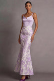Floral Lilac Jacquard Thick Straps Long Wedding Guest Dress
