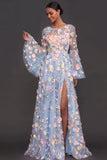 Lilac Floral A Line Appliqued Long Wedding Guest Dress with Slit