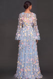Lilac Floral A Line Appliqued Long Wedding Guest Dress with Slit