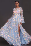 Lilac Floral A Line Appliqued Long Wedding Guest Dress with Slit
