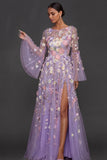 Lilac Floral A Line Appliqued Long Wedding Guest Dress with Slit