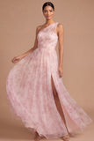 Pink Floral A Line One Shoulder Ruched Long Wedding Guest Dress with Slit