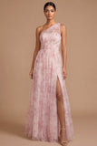 Pink Floral A Line One Shoulder Ruched Long Wedding Guest Dress with Slit