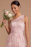 Pink Floral A Line One Shoulder Ruched Long Wedding Guest Dress with Slit