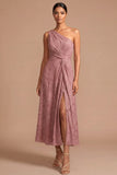 Emerald Green One Shoulder Ruched Backless Midi Formal Dress