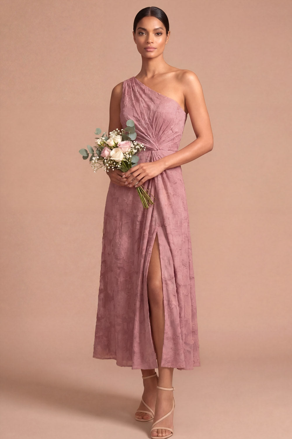 Emerald Green One Shoulder Ruched Backless Midi Formal Dress