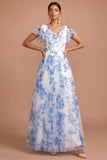 Light Blue A Line Floral Cowl Neck Short Sleeves Long Formal Dress