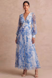 Light Blue Floral Long Sleeves V Neck Wedding Guest Dress