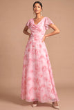 Pink Floral A Line Cowl Neck Short Sleeves Long Wedding Guest Dress