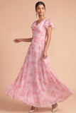 Pink Floral A Line Cowl Neck Short Sleeves Long Wedding Guest Dress