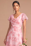 Pink Floral A Line Cowl Neck Short Sleeves Long Wedding Guest Dress