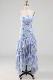 Light Blue Ruffled Tiered A Line Floral Ruched Long Wedding Guest Dress with Slit