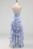 Light Blue Ruffled Tiered A Line Floral Ruched Long Wedding Guest Dress with Slit