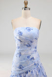 Light Blue Ruffled Tiered A Line Floral Ruched Long Wedding Guest Dress with Slit