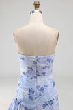 Light Blue Ruffled Tiered A Line Floral Ruched Long Wedding Guest Dress with Slit