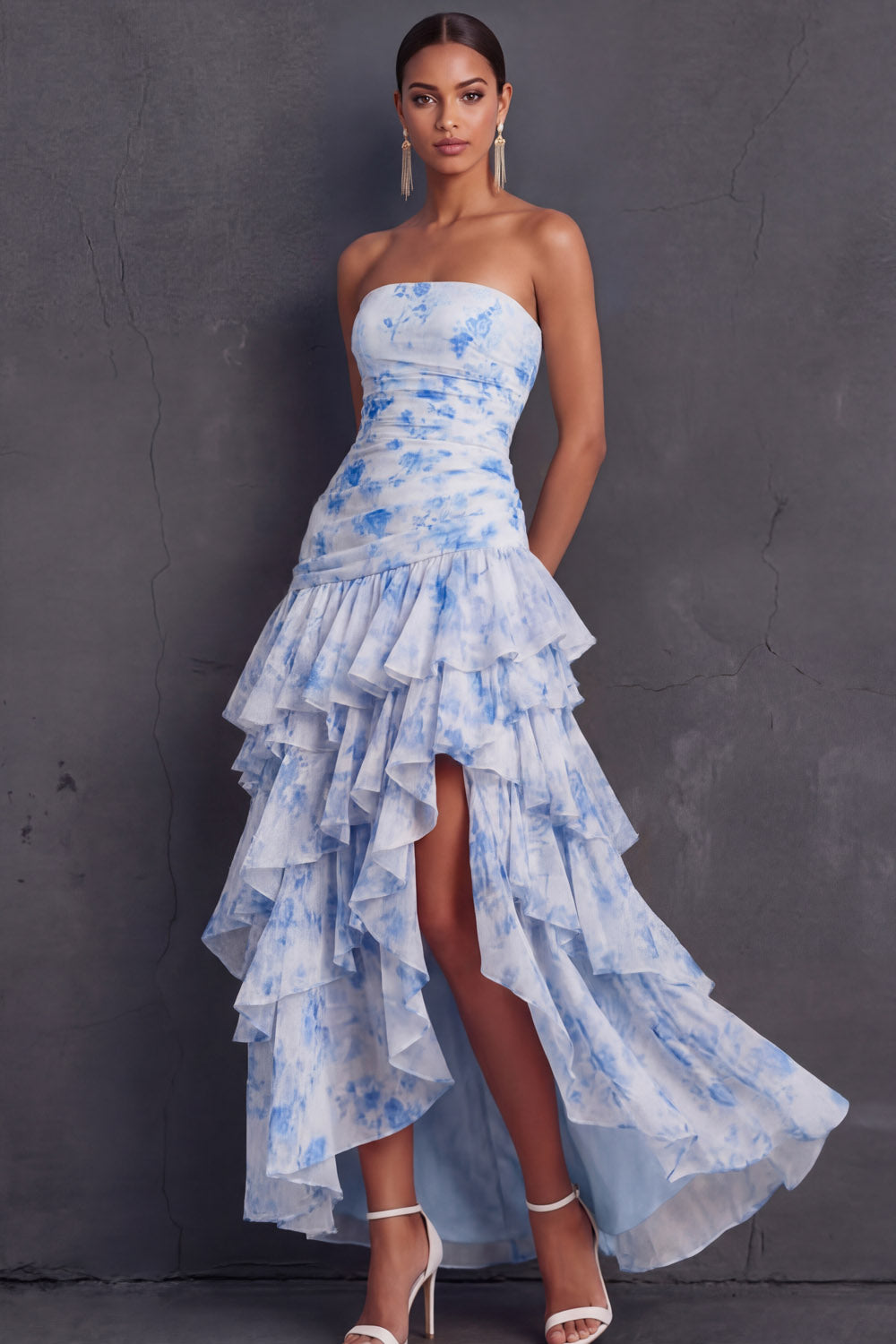 Leely Women Light Blue A Line Floral Ruched Long Wedding Guest Dress