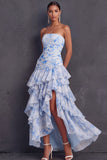 Light Blue Ruffled Tiered A Line Floral Ruched Long Wedding Guest Dress with Slit