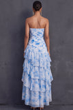 Light Blue Ruffled Tiered A Line Floral Ruched Long Wedding Guest Dress with Slit