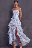 Light Blue Ruffled Tiered A Line Floral Ruched Long Wedding Guest Dress with Slit
